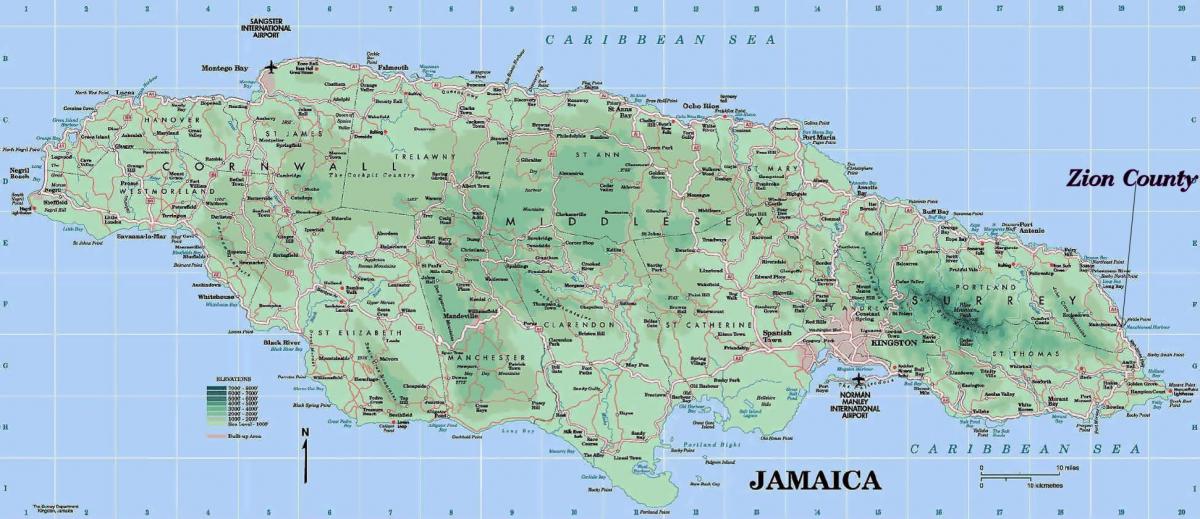 physical map of jamaica showing mountains
