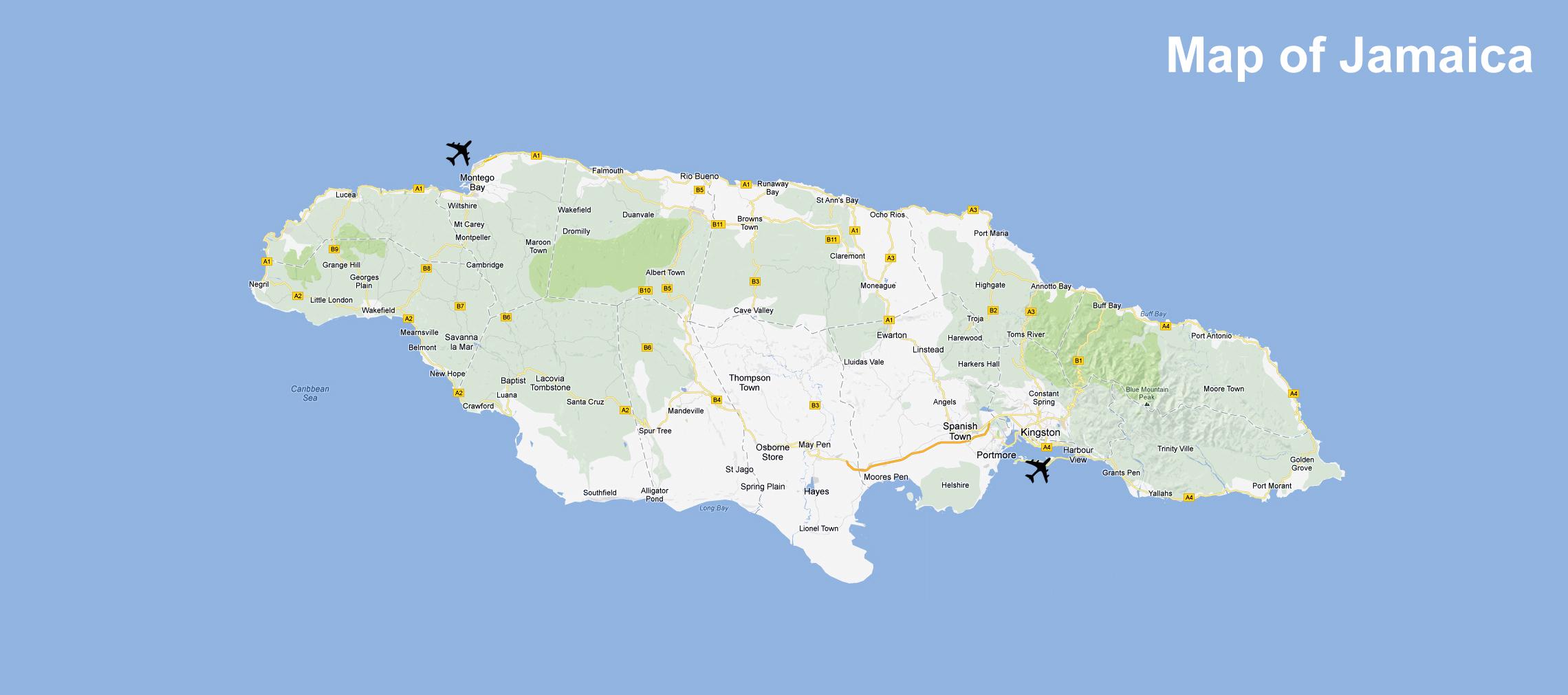 Jamaica airports map - Map of jamaica airports and resorts (Caribbean ...