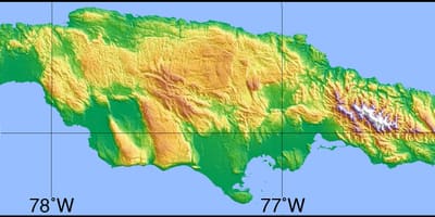 Map of jamaica showing mountains plains and valleys